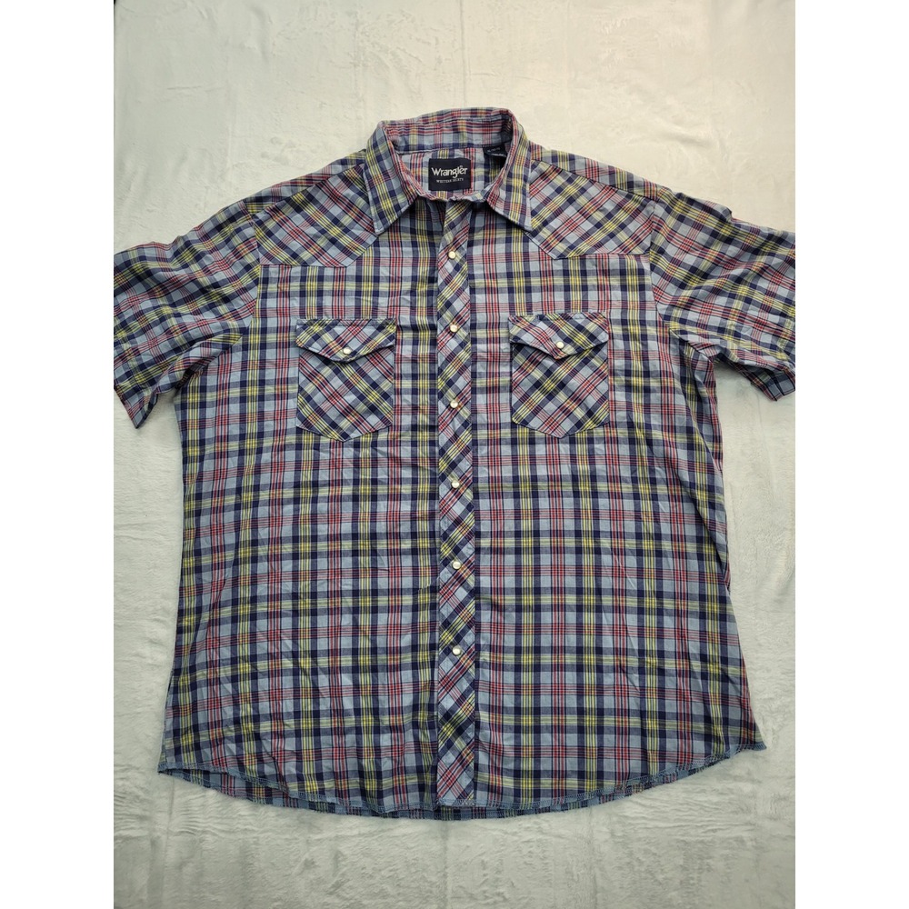 Wrangler Western Shirt Mens XL Blue Plaid Short Sleeve Snap Front